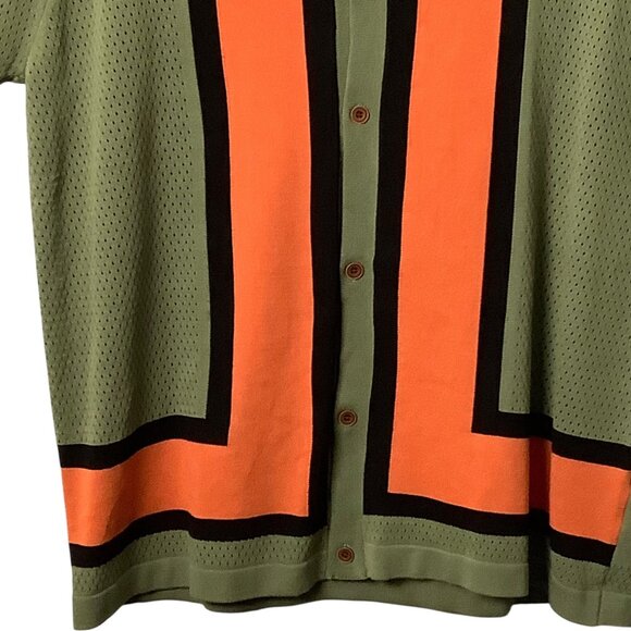 Cruise Knit Men Short Sleeve Button-Up Shirt Large Green Orange Viscose Vintage - Picture 3 of 8